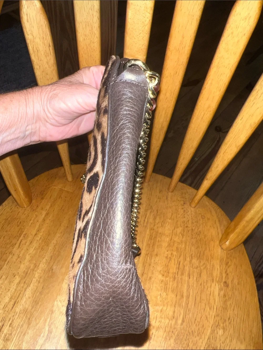 MK Berkley Large Leopard print Clutch in leather+calf hair w/ goldtone